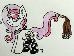 Size: 960x729 | Tagged: safe, artist:dawn-designs-art, oc, species:pony, species:unicorn, bedroom eyes, blue eyes, cat'o'ninetails, clothing, ear piercing, earring, eyeshadow, flail, jewelry, makeup, necklace, piercing, purple mane, ribbon, shoes, solo, weapon, weapon tail pony, whip, white coat