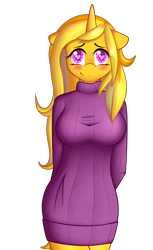 Size: 1446x2362 | Tagged: safe, artist:xcinnamon-twistx, oc, oc only, oc:golden shine, species:anthro, species:pony, species:unicorn, blushing, commission, cute, looking at you, shy, simple background, solo, sweater dress, transparent background, ych result
