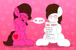 Size: 1280x842 | Tagged: safe, artist:aarondrawsarts, oc, oc:brain teaser, oc:rose bloom, species:pony, episode:hearts and hooves day, g4, my little pony: friendship is magic, blushing, brainbloom, chest fluff, holiday, joke, oc x oc, shipping, tumblr, valentine's day