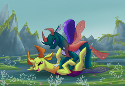 Size: 2900x2000 | Tagged: safe, artist:lordvaltasar, artist:rossmaniteanzu, character:pharynx, character:prince pharynx, character:thorax, species:changeling, species:reformed changeling, brotherly love, brothers, changedling brothers, changeling hive, cute, duo, happy, lying down, male, open mouth, pharybetes, playing, raised eyebrow, scar, scenery, smiling, spread wings, thorabetes, tickling, wings