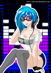 Size: 700x1000 | Tagged: safe, artist:zantyarz, character:dj pon-3, character:vinyl scratch, species:human, breasts, clothing, female, fingerless gloves, gloves, headphones, humanized, smiling, socks, solo, stockings