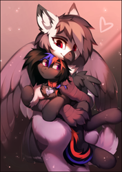 Size: 1266x1790 | Tagged: safe, artist:lispp, oc, oc only, oc:narcissa, oc:phase shift, species:griffon, species:pegasus, species:pony, be mine, beak, blushing, chest fluff, claws, collar, cuddling, cute, female, floppy ears, fluffy, flustered, freckles, grabbing, griffon oc, griffon on pony action, heart, holding, holding a pony, hug, interspecies, lesbian, long tail, name tag, oc x oc, pet play, pet tag, pony on griffon action, pony pet, shipping, size difference, smiling, snuggling, spread wings, tail feathers, talons, wings