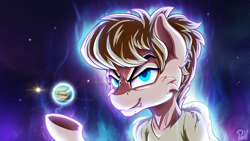 Size: 3840x2160 | Tagged: safe, artist:pirill, species:pony, aura, clothing, equestria, geocentric theory, male, moon, planet, ponified, shaggy rogers, shirt, solo, space, stars, sun, ultra instinct, ultra instinct shaggy
