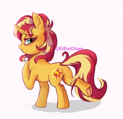 Size: 3200x3100 | Tagged: safe, artist:eifiechan, character:sunset shimmer, species:pony, species:unicorn, female, freckles, looking at you, looking back, looking back at you, mare, open mouth, plot, raised hoof, simple background, solo, underhoof, white background