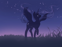 Size: 2000x1500 | Tagged: safe, artist:katputze, character:princess luna, species:alicorn, species:pony, alternate color palette, alternate cutie mark, beautiful, cute, ethereal mane, female, galaxy mane, looking up, lunabetes, mare, night, night sky, sky, smiling, solo, stars