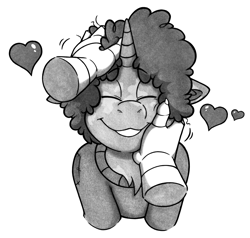 Size: 2364x2246 | Tagged: safe, artist:denzel, oc, oc:idle thoughts, species:griffon, species:pony, species:unicorn, afro, claws, clothing, cute, love, monochrome, petting, sweater