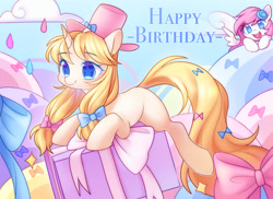 Size: 2200x1600 | Tagged: safe, artist:leafywind, oc, oc only, species:pegasus, species:pony, species:unicorn, bow, clothing, cloud, colored pupils, duo, duo female, female, gift art, hair bow, happy birthday, hat, mare, open mouth, ribbon, sky, smiling, spread wings, starry eyes, top hat, wingding eyes, wings