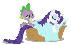 Size: 932x594 | Tagged: safe, artist:stinkehund, artist:twilirity, edit, character:rarity, character:spike, species:dragon, ship:sparity, basket, blanket, female, interspecies, male, messy mane, pillow, shipping, simple background, sleeping, straight, transparent background, vector