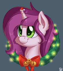 Size: 3000x3375 | Tagged: safe, artist:pirill, oc, oc only, oc:lilac prose, species:pony, species:unicorn, bells, bow, bust, christmas, christmas lights, clothing, female, hat, holiday, portrait, santa hat, simple background, smiling, solo, wreath