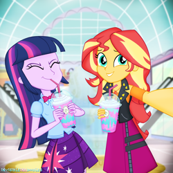 Size: 2200x2200 | Tagged: safe, artist:invisibleink, character:sunset shimmer, character:twilight sparkle, g4, my little pony: equestria girls, my little pony:equestria girls, bow tie, canterlot mall, clothing, cute, geode of empathy, jacket, leather, leather jacket, magical geodes, milkshake, pleated skirt, selfie, show accurate, skirt, smiling, straw, unicorn frappuccino