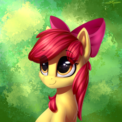 Size: 3000x3000 | Tagged: safe, artist:setharu, character:apple bloom, species:earth pony, species:pony, abstract background, adorabloom, bow, bust, chest fluff, cute, eye clipping through hair, female, filly, hair bow, portrait, signature, smiling, solo
