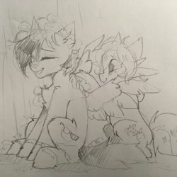 Size: 1080x1080 | Tagged: safe, artist:lispp, species:earth pony, species:pegasus, species:pony, bathing, duo, eyes closed, lineart, monochrome, shower, smiling, soap suds, traditional art, washing