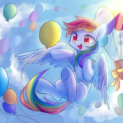 Size: 2000x2000 | Tagged: safe, artist:leafywind, character:rainbow dash, species:pegasus, species:pony, balloon, cloud, colored pupils, crepuscular rays, cute, dashabetes, female, flying, mare, open mouth, present, ribbon, sky, smiling, solo, spread wings, starry eyes, underhoof, wingding eyes, wings