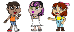 Size: 1205x525 | Tagged: safe, artist:logan jones, character:apple bloom, character:scootaloo, character:sweetie belle, species:human, species:pegasus, species:pony, bandage, boots, bow, clothing, cutie mark crusaders, dark skin, dress, dyed hair, ear piercing, earring, feet, female, flip-flops, hair bow, humanized, jeans, jewelry, leg cast, lipstick, moderate dark skin, natural eye color, natural hair color, necklace, overalls, pants, piercing, sandals, shirt, shoes, short hair, shorts, simple background, sneakers, tank top, toes, trio, white background, wristband