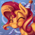 Size: 3000x3000 | Tagged: safe, artist:pirill, character:sunset shimmer, species:pony, species:unicorn, :t, abstract background, birthday, cheek fluff, clothing, confetti, cute, ear fluff, eyes closed, female, fluffy, gift art, happy, hat, mare, noisemaker, party hat, party horn, puffy cheeks, shimmerbetes, smiling, solo, streamers, when you see it
