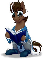 Size: 609x822 | Tagged: safe, artist:mythpony, oc, oc only, oc:apple fritter, species:pony, species:unicorn, belt, book, boots, cape, clothing, digital art, glasses, male, pants, reading, shoes, simple background, sitting, solo, stallion, transparent background