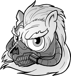 Size: 2597x2790 | Tagged: safe, artist:petirep, oc, oc only, species:pony, angry, black and white, buck legacy, card art, grayscale, immortan joe, looking at you, mad max, mad max fury road, male, mask, monochrome, parody, simple background, solo, transparent background