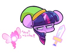 Size: 1076x792 | Tagged: safe, artist:sourspot, character:pinkie pie, character:twilight sparkle, species:pony, clothing, crossover, female, hat, head only, hey listen, link, mare, navi, simple background, sword, the legend of zelda, weapon