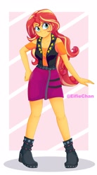 Size: 2200x4000 | Tagged: safe, artist:eifiechan, character:sunset shimmer, g4, my little pony: equestria girls, my little pony:equestria girls, abstract background, blushing, boots, clothing, cute, female, freckles, high heel boots, looking at you, pose, shimmerbetes, shoes, skirt, smiling, solo, watermark