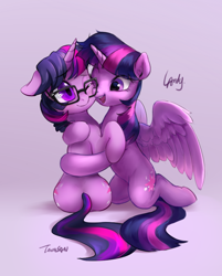 Size: 674x837 | Tagged: safe, artist:luciferamon, artist:tingsan, character:twilight sparkle, character:twilight sparkle (alicorn), character:twilight sparkle (scitwi), species:alicorn, species:pony, species:unicorn, g4, my little pony:equestria girls, anatomically incorrect, collaboration, cute, duality, duo, equestria girls ponified, female, floppy ears, glasses, gray background, happy, hug, incorrect leg anatomy, kneeling, mare, nuzzling, one eye closed, ponidox, ponified, self ponidox, simple background, smiling, spread wings, twiabetes, twolight, unicorn sci-twi, wing fluff, wings, wink