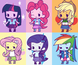 Size: 2400x2000 | Tagged: safe, artist:geraritydevillefort, character:applejack, character:fluttershy, character:pinkie pie, character:rainbow dash, character:rarity, character:twilight sparkle, my little pony:equestria girls, a pose, applejack's hat, barrette, beady eyes, bedroom eyes, belt, blouse, boots, chibi, clothing, cowboy hat, cute, cutie mark background, dashabetes, denim skirt, diapinkes, freckles, hat, humane five, humane six, jackabetes, leg warmers, lidded eyes, one eye closed, pleated skirt, raribetes, shirt, shoes, shyabetes, skirt, smiling, stetson, t pose, t-shirt, tank top, twiabetes, wink, wristband