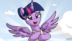 Size: 1280x720 | Tagged: safe, artist:zsparkonequus, character:twilight sparkle, character:twilight sparkle (alicorn), species:alicorn, species:pony, angel, ballerina, clothing, cloud, crepuscular rays, female, heaven, looking at you, mare, open mouth, sky, solo, tutu, twilarina