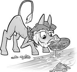 Size: 1771x1652 | Tagged: safe, artist:petirep, oc, oc only, species:donkey, species:mule, species:pony, beard, buck legacy, card art, clothing, facial hair, grayscale, hat, male, monochrome, moustache, mouth hold, neckerchief, necktie, old, river, rock, simple background, solo, stream, transparent background