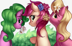 Size: 670x429 | Tagged: safe, artist:luciferamon, character:daisy, character:lily, character:lily valley, character:roseluck, species:earth pony, species:pony, :o, cute, female, flower, flower in hair, flower trio, looking at you, looking back, looking back at you, mare, mouth hold, open mouth, raised hoof, sitting, smiling, trio