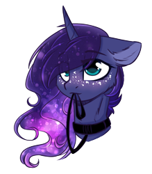 Size: 1250x1428 | Tagged: safe, artist:cloud-fly, character:princess luna, species:alicorn, species:pony, bust, collar, cute, eye clipping through hair, female, floppy ears, freckles, leash, lunabetes, mare, mouth hold, pet play, portrait, simple background, solo, transparent background