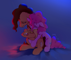 Size: 1280x1080 | Tagged: safe, artist:luciferamon, character:boneless, character:cheese sandwich, character:pinkie pie, species:earth pony, species:pony, ship:cheesepie, crying, eyes closed, female, floppy ears, hug, hug from behind, male, mare, sad, shipping, signature, sitting, stallion, straight