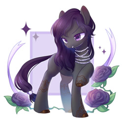 Size: 2000x2000 | Tagged: safe, artist:leafywind, oc, oc only, species:earth pony, species:pony, abstract background, colored hooves, colored pupils, female, flower, jewelry, looking at you, mare, necklace, raised hoof, solo, starry eyes, tail band, wingding eyes