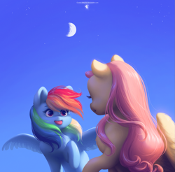 Size: 1749x1721 | Tagged: safe, artist:katputze, character:fluttershy, character:rainbow dash, species:pegasus, species:pony, blep, crescent moon, cute, dashabetes, duo, facing away, female, looking at each other, mare, moon, silly, silly pony, sky, smiling, spread wings, tongue out, wings