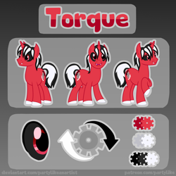 Size: 4000x4000 | Tagged: safe, artist:partylikeanartist, base used, oc, oc:torque, species:pony, species:unicorn, black sclera, cutie mark, fangs, gears, male, reference, reference sheet, simple background, solo, stallion
