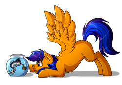 Size: 3300x2300 | Tagged: safe, artist:jack-pie, oc, oc only, species:pegasus, species:pony, bubble, bubble pipe, chest fluff, clothing, fish, fishbowl, hat, looking at each other, male, pipe, simple background, stallion