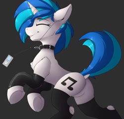 Size: 964x926 | Tagged: safe, artist:capseys, character:dj pon-3, character:vinyl scratch, species:pony, species:unicorn, blue background, chest fluff, clothing, collar, dock, dock piercing, ear fluff, eyes closed, featureless crotch, female, frog (hoof), headphones, heart, hoof heart, hoofbutt, latex, latex socks, leg warmers, mare, mp3 player, music, music player, piercing, plot, profile, raised tail, shoulder fluff, simple background, smiling, socks, solo, tail, underhoof