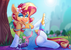 Size: 5803x4044 | Tagged: safe, artist:drizziedoodles, artist:zombie, character:sunset shimmer, species:pony, species:unicorn, blanket, bow, champagne, clothing, collaboration, dress, eyeshadow, female, flower, flower in hair, garter belt, glass, grass, human shoulders, lens flare, looking at you, makeup, mare, semi-anthro, shade, smiling, socks, solo, spring, stockings, thigh highs, tree