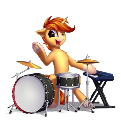 Size: 3000x3000 | Tagged: safe, artist:setharu, oc, oc only, species:pony, species:unicorn, chest fluff, drum kit, drums, keyboard, male, musical instrument, one eye closed, simple background, sitting, smiling, solo, stallion, transparent background, underhoof, wink
