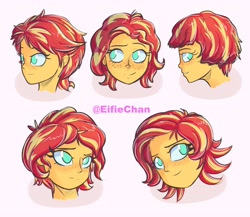 Size: 3000x2600 | Tagged: safe, artist:eifiechan, character:sunset shimmer, my little pony:equestria girls, alternate hairstyle, blushing, female, freckles, hairstyle, head, looking at you, pink background, short hair, simple background, smiling, solo, watermark