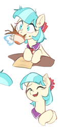 Size: 410x823 | Tagged: safe, artist:luciferamon, character:coco pommel, species:earth pony, species:pony, blushing, bust, clothing, cocobetes, coffee, cup, cute, drinking, eyes closed, female, flower, flower in hair, happy, hooves together, leaning, levitation, magic, mare, mug, necktie, open mouth, paper, simple background, sketch, smiling, solo, spit take, spitting, surprised, table, tail, teacup, telekinesis, white background, wide eyes