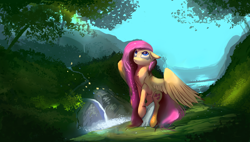 Size: 4300x2450 | Tagged: safe, artist:auroriia, character:fluttershy, species:pegasus, species:pony, cute, female, floppy ears, looking up, mare, outdoors, scenery, shyabetes, solo, spread wings, waterfall, wings