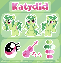 Size: 3000x3072 | Tagged: safe, artist:partylikeanartist, base used, oc, oc only, oc:katydid, species:pony, commission, female, fiddle, filly, patreon, reference sheet, solo