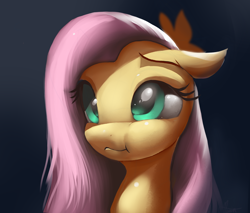 Size: 2640x2250 | Tagged: safe, artist:auroriia, character:fluttershy, species:pony, :i, bust, cute, dark background, female, floppy ears, mare, portrait, shyabetes, solo, three quarter view