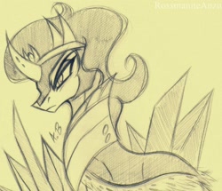 Size: 1694x1454 | Tagged: safe, artist:rossmaniteanzu, character:king sombra, species:pony, species:unicorn, episode:the beginning of the end, g4, my little pony: friendship is magic, crystal, male, monochrome, pencil drawing, simple background, sketch, solo, sombra horn, stallion, traditional art, yellow background