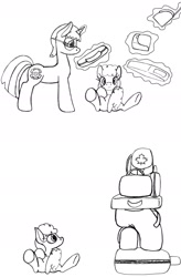 Size: 1178x1792 | Tagged: safe, artist:dsb71013, oc, oc only, oc:amber spark, oc:maplejack, species:pony, species:unicorn, comic, duo, female, glowing horn, horn, levitation, luggage, lying down, magic, mare, monochrome, on back, simple background, size difference, smol, telekinesis, white background