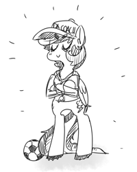 Size: 1060x1324 | Tagged: safe, artist:xieril, character:rainbow dash, species:pegasus, species:pony, ball, bipedal, black and white, cap, clothing, crossed hooves, eyes closed, female, football, grayscale, hat, human pose, mare, monochrome, semi-anthro, simple background, sketch, solo, sports, whistle, white background
