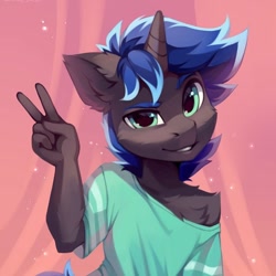 Size: 658x658 | Tagged: safe, artist:lispp, oc, oc:lock down, species:anthro, species:pony, species:unicorn, clothing, cute, fluffy, looking at you, male, peace sign, smiling, solo