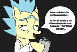 Size: 963x647 | Tagged: safe, artist:logan jones, character:pony rick, species:pony, episode:grannies gone wild, episode:princess spike, g4, my little pony: friendship is magic, alcohol, burp, cross-eyed, dialogue, drunk, flask, male, ponified, rick and morty, rick sanchez, speech bubble, unibrow