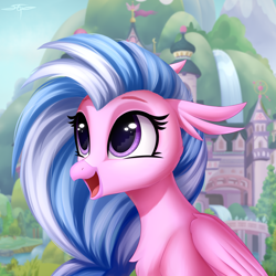 Size: 3000x3000 | Tagged: safe, artist:setharu, character:silverstream, species:classical hippogriff, species:hippogriff, season 8, commission, cute, diastreamies, eye reflection, female, happy, high res, reflection, scenery, school of friendship, solo, stairs, that hippogriff sure does love stairs, when you see it