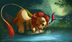 Size: 4200x2450 | Tagged: safe, alternate version, artist:auroriia, character:autumn blaze, species:kirin, episode:sounds of silence, g4, my little pony: friendship is magic, autumn blaze's puppet, awwtumn blaze, butt, cute, female, flower, grass, leonine tail, mirrored, plot, pond, profile, scenery, solo, updated, water