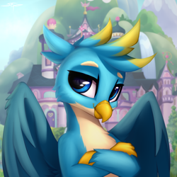 Size: 3000x3000 | Tagged: safe, artist:setharu, character:gallus, species:griffon, arms folded, bust, cheek fluff, crossed arms, cute, gallabetes, looking at you, male, school of friendship, solo, wing fluff